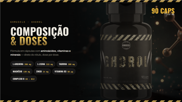 Tabela nutricional do rótulo do Ghdrol com doses de L Arginina, Magnésio, Zinco, Vitamina D3, Taurina, L Lisina e vitaminas do complexo B